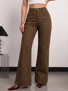 SHEIN Tall 女款休閒百搭日常牛仔長褲，附口袋與鈕扣 - 棕色 - 查看 7