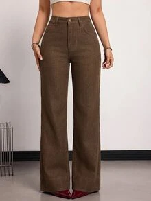 SHEIN Tall 女款休閒百搭日常牛仔長褲，附口袋與鈕扣 - 棕色 - 查看 5