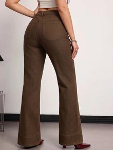 SHEIN Tall 女款休閒百搭日常牛仔長褲，附口袋與鈕扣 - 棕色 - 查看 2