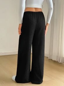 SHEIN Tall 女款純色抽繩腰口袋寬腿鬆款燈芯絨長褲 - 黑色 - 查看 2