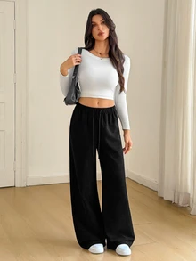 SHEIN Tall 女款純色抽繩腰口袋寬腿鬆款燈芯絨長褲 - 黑色 - 查看 5