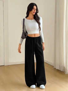 SHEIN Tall 女款純色抽繩腰口袋寬腿鬆款燈芯絨長褲 - 黑色 - 查看 6