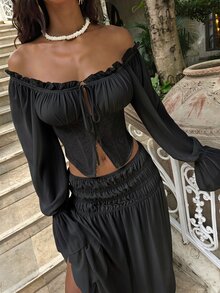 Opulessa Women's Solid Color Off Shoulder Long Sleeve Blouse, Spring/Summer Vacation - Black - View 6