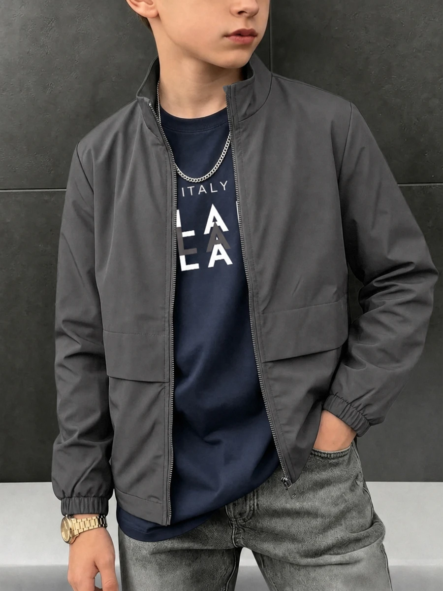 SHEIN 兒童青少年男孩多功能純灰色開襟長袖工裝夾克,適合通勤、上學、日常休閒、度假、旅行、運動,秋冬穿著 - 灰色 - 查看 1