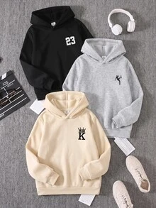 SHEIN 3件組兒童青少年男孩休閒百搭款黑色灰色卡其色多色連帽套頭衛衣，適合通勤、上學、日常休閒外出、運動，秋冬穿著 - 彩色 - 查看 4