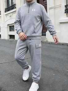 SHEIN 2件組青少年男孩休閒舒適百搭立領半拉鍊套頭運動衫，附貼袋裝飾、對比色織標，搭配寬鬆運動工裝褲，保暖內裡刷毛厚實面料，適合秋冬 - 灰色 - 查看 5