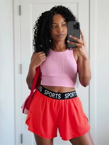 SHEIN Core Rhythm Plus Size Women's Solid Color Double Layer Loose Letter Tape Sports Active Tropical Alternative Kawaii Shorts Gym Black Summer Fair - Red - View 4