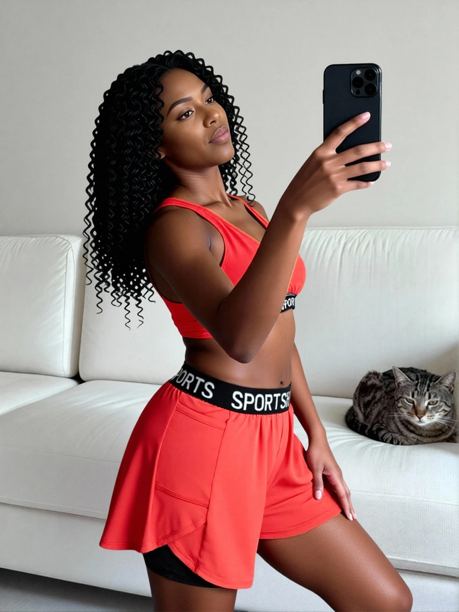 SHEIN Core Rhythm Plus Size Women's Solid Color Double Layer Loose Letter Tape Sports Active Tropical Alternative Kawaii Shorts Gym Black Summer Fair - Red - View 1