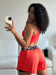 SHEIN Core Rhythm Plus Size Women's Solid Color Double Layer Loose Letter Tape Sports Active Tropical Alternative Kawaii Shorts Gym Black Summer Fair - Red - View 2