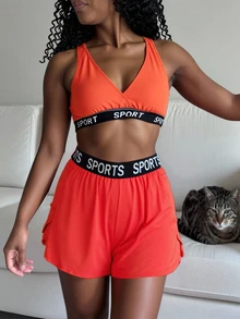 SHEIN Core Rhythm Plus Size Women's Solid Color Double Layer Loose Letter Tape Sports Active Tropical Alternative Kawaii Shorts Gym Black Summer Fair - Red - View 3