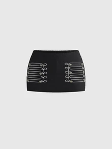 ACID BLVD Summer All-Season Casual Y2K Napoleon Military Style Embroidered Low Waist Bodycon Mini Skirt - Black - View 8