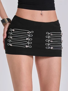 ACID BLVD Summer All-Season Casual Y2K Napoleon Military Style Embroidered Low Waist Bodycon Mini Skirt - Black - View 1
