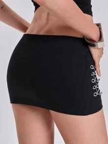 ACID BLVD Summer All-Season Casual Y2K Napoleon Military Style Embroidered Low Waist Bodycon Mini Skirt - Black - View 6