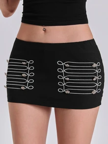 ACID BLVD Summer All-Season Casual Y2K Napoleon Military Style Embroidered Low Waist Bodycon Mini Skirt - Black - View 4