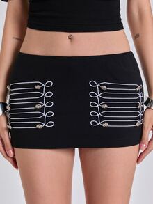 ACID BLVD Summer All-Season Casual Y2K Napoleon Military Style Embroidered Low Waist Bodycon Mini Skirt - Black - View 5