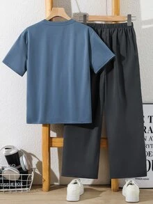 SHEIN 2件組兒童青少年男童休閒簡約字母印花圓領短袖T恤與短褲套裝，適合夏季Y2k穿搭、春/夏季、外出、情人節、約會、旅行、度假、家庭聚會、返校、婚禮季、晚餐、運動、生日派對 - 藍色 - 查看 3