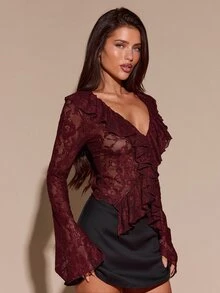 SHEIN BAE 秋季女裝、冬季女裝，酒紅色蕾絲性感深V領透視鏤空荷葉邊長袖上衣，聖誕節、萬聖節、亡靈節，酒紅色蕾絲上衣，秋冬內搭女款上衣 - 酒紅色 - 查看 5