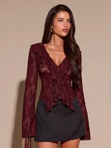 SHEIN BAE 秋季女裝、冬季女裝，酒紅色蕾絲性感深V領透視鏤空荷葉邊長袖上衣，聖誕節、萬聖節、亡靈節，酒紅色蕾絲上衣，秋冬內搭女款上衣 - 酒紅色 - 查看 4