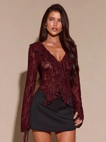 SHEIN BAE 秋季女裝、冬季女裝，酒紅色蕾絲性感深V領透視鏤空荷葉邊長袖上衣，聖誕節、萬聖節、亡靈節，酒紅色蕾絲上衣，秋冬內搭女款上衣 - 酒紅色 - 查看 3