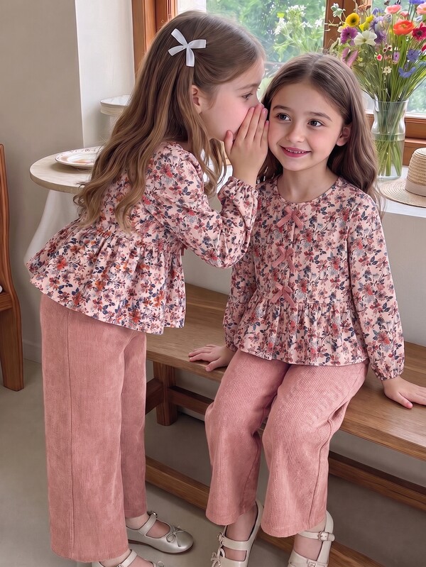 SHEIN Elladie kids 女童新款時尚花卉燈芯絨上衣，附3D蝴蝶結，圓領長袖收口袖口，A字版型，搭配棕色鬆緊腰直筒寬腿褲，2件套，適合日常休閒、派對穿著，秋冬/春季