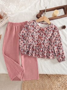 SHEIN 女童新款時尚花卉燈芯絨上衣，附3D蝴蝶結，圓領長袖收口袖口，A字版型，搭配棕色鬆緊腰直筒寬腿褲，2件套，適合日常休閒、派對穿著，秋冬/春季 - 粉色 - 查看 4