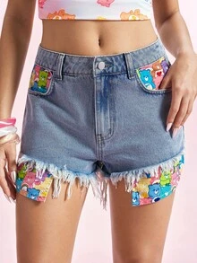 SHEIN X Care Bears 女款熊圖案拼接牛仔短褲 - 藍色 - 查看 3