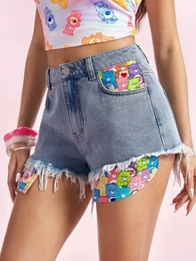 SHEIN X Care Bears 女款熊圖案拼接牛仔短褲 - 藍色 - 查看 1