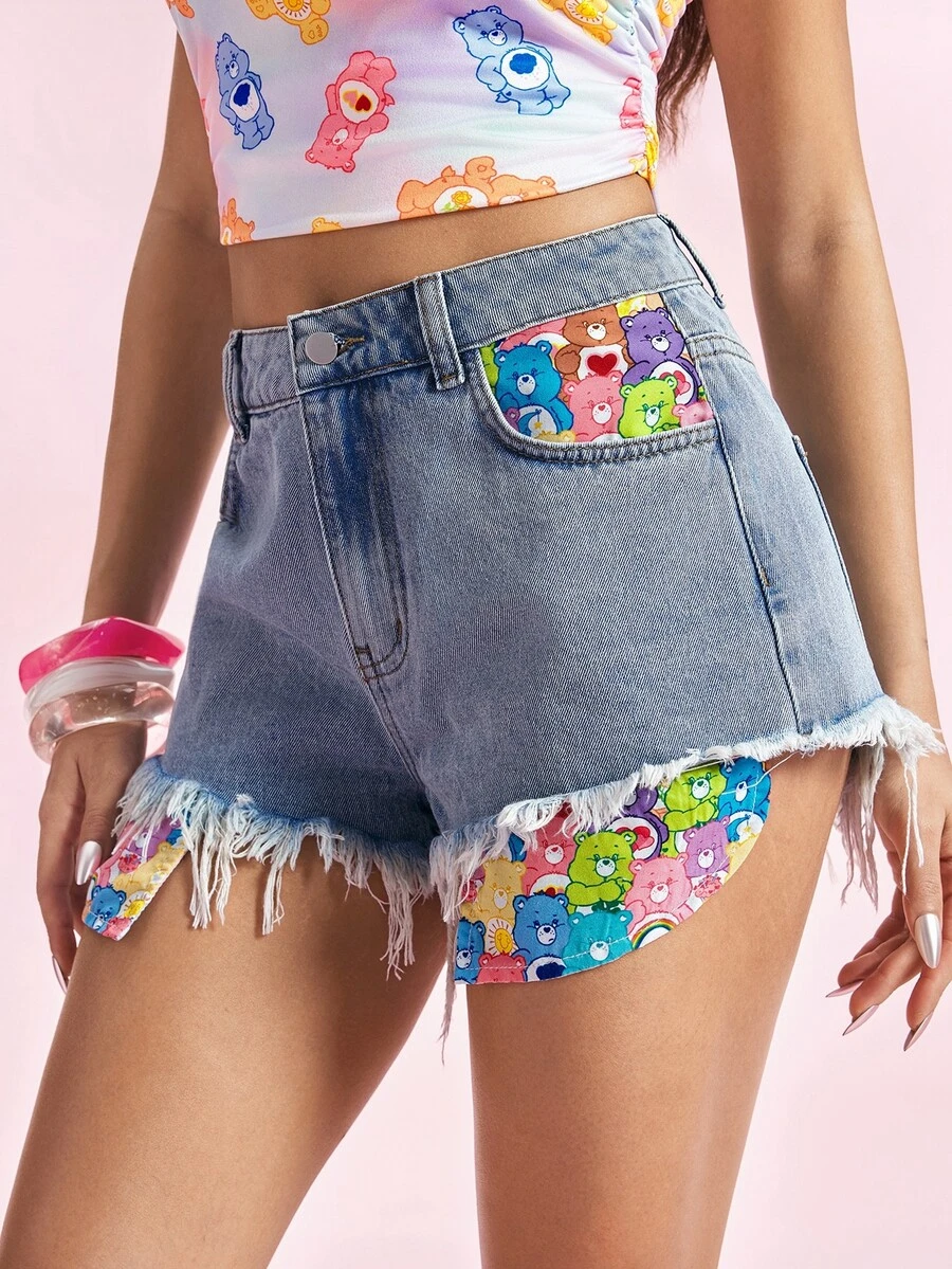 SHEIN X Care Bears 女款熊圖案拼接牛仔短褲 - 藍色 - 查看 1