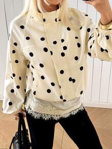 SHEIN EZwear Black Apricot Polka Dot Polka Dot Woven Women's Jacket Tourist Travel Autumn Retro 70s 70s Retro Casual - Light Yellow - View 7