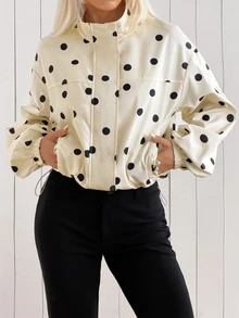 SHEIN EZwear Black Apricot Polka Dot Polka Dot Woven Women's Jacket Tourist Travel Autumn Retro 70s 70s Retro Casual - Light Yellow - View 4