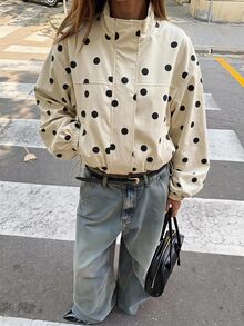 SHEIN EZwear Black Apricot Polka Dot Polka Dot Woven Women's Jacket Tourist Travel Autumn Retro 70s 70s Retro Casual - Light Yellow - View 10