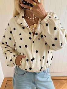 SHEIN EZwear Black Apricot Polka Dot Polka Dot Woven Women's Jacket Tourist Travel Autumn Retro 70s 70s Retro Casual - Light Yellow - View 8