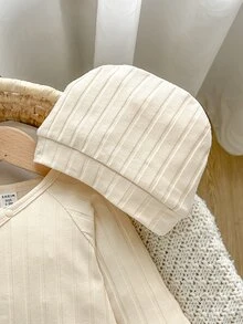 SHEIN Newborn Apricot Soft Comfortable Cotton Ribbed Fabric Diagonal Collar Long Sleeve Romper + Hat Set - Apricot - View 6