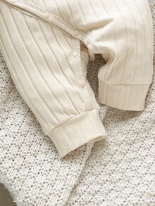 SHEIN Newborn Apricot Soft Comfortable Cotton Ribbed Fabric Diagonal Collar Long Sleeve Romper + Hat Set - Apricot - View 5