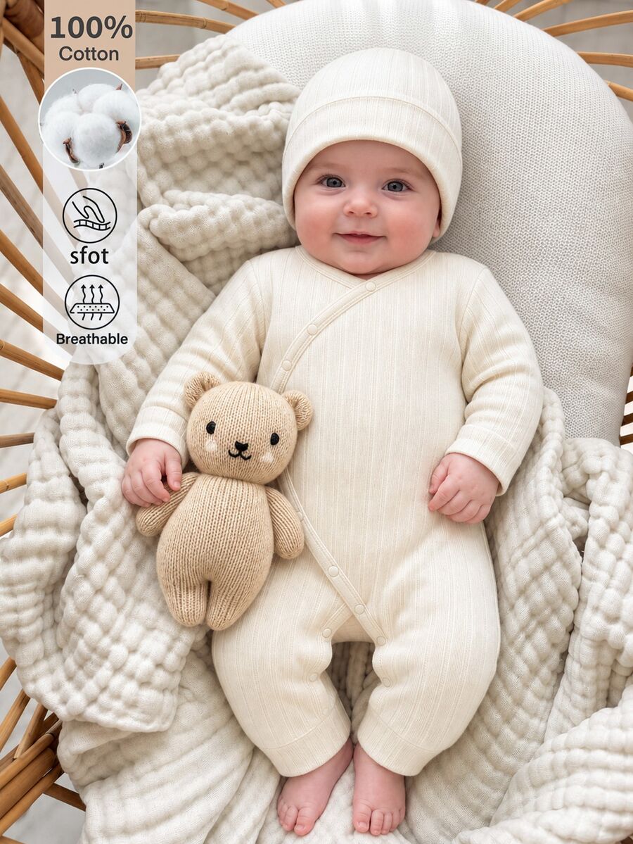 SHEIN Newborn Apricot Soft Comfortable Cotton Ribbed Fabric Diagonal Collar Long Sleeve Romper + Hat Set