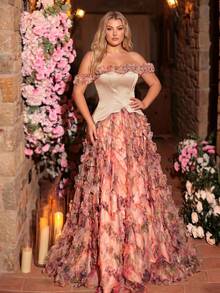 Glamrae Plus Size Dusty Pink Summer Elegant Formal Wedding Mesh Floral Print Patchwork Satin Asymmetric Maxi Dress,High Slit Gala Red Carpet Gown - Multicolor - View 8