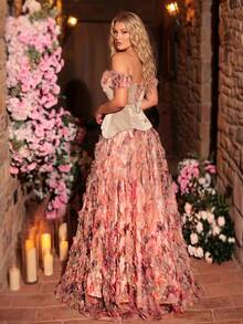 Glamrae Plus Size Dusty Pink Summer Elegant Formal Wedding Mesh Floral Print Patchwork Satin Asymmetric Maxi Dress,High Slit Gala Red Carpet Gown - Multicolor - View 4