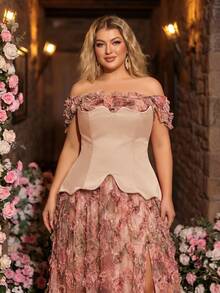 Glamrae Plus Size Dusty Pink Summer Elegant Formal Wedding Mesh Floral Print Patchwork Satin Asymmetric Maxi Dress,High Slit Gala Red Carpet Gown - Multicolor - View 3