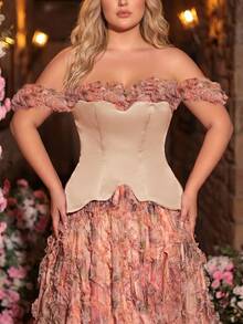 Glamrae Plus Size Dusty Pink Summer Elegant Formal Wedding Mesh Floral Print Patchwork Satin Asymmetric Maxi Dress,High Slit Gala Red Carpet Gown - Multicolor - View 9