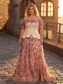 Glamrae Plus Size Dusty Pink Summer Elegant Formal Wedding Mesh Floral Print Patchwork Satin Asymmetric Maxi Dress,High Slit Gala Red Carpet Gown - Multicolor - View 6