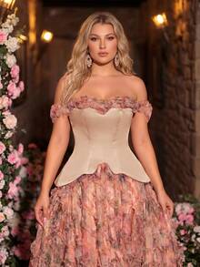 Glamrae Plus Size Dusty Pink Summer Elegant Formal Wedding Mesh Floral Print Patchwork Satin Asymmetric Maxi Dress,High Slit Gala Red Carpet Gown - Multicolor - View 5