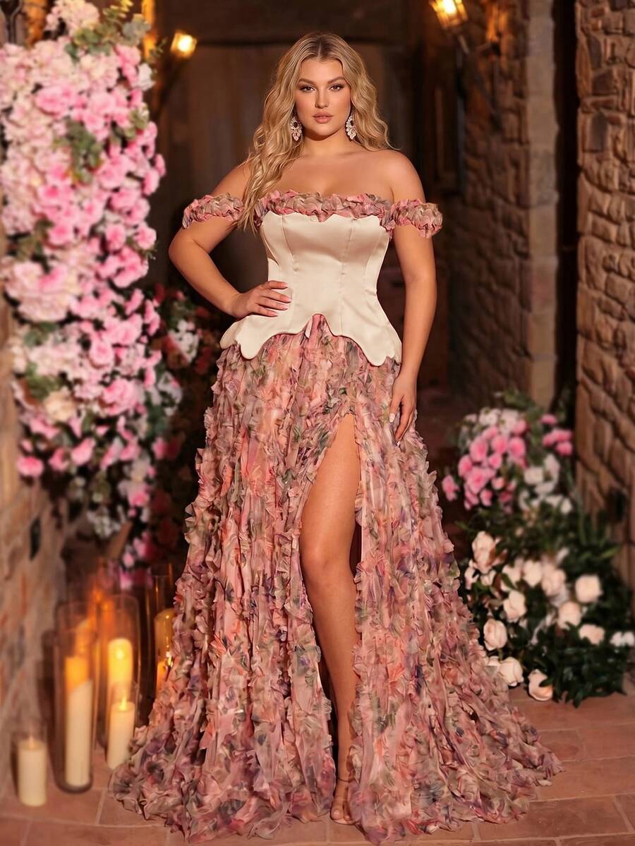 Glamrae Plus Size Dusty Pink Summer Elegant Formal Wedding Mesh Floral Print Patchwork Satin Asymmetric Maxi Dress,High Slit Gala Red Carpet Gown