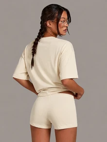 Athîral Women's Simple Round Neck Short Sleeve Top And Drawstring Waist Shorts Loungewear Set - Apricot - View 2