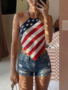 Sunnyshic 女款 Y2K 街頭風性感旗星提花針織掛脖上衣，時尚春夏夜店度假穿搭，白色與紅色 - 彩色 - 查看 4