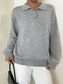 SHEIN EZwear 女款 Polo 領落肩長袖休閒寬鬆針織衫，灰色，適合日常、秋季、學校與假期穿著 - 淺灰色 - 查看 3