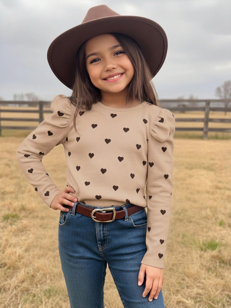 Emery Rose Kids Emery Rose Kids ملابس علوية طويلة الأكمام للفتيات المراهقات، ملابس علوية مطبوعة بقلب بأكمام منتفخة ضيقة، أسلوب الربيع/الخريف، مريحة ومتعددة الاستخدامات، للمدرسة، بيج لطيف - كاكي - مشاهدة 3