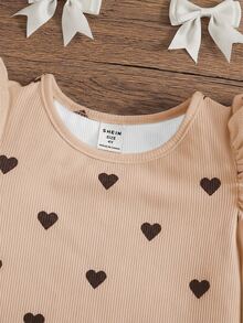 Emery Rose Kids Emery Rose Kids 少女長袖上衣，女孩愛心印花泡泡袖修身上衣，春夏/秋季風格，舒適百搭，校園穿搭，米色可愛 - 卡其色 - 查看 5