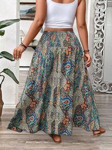 EMERY ROSE Plus Size Women Paisley Floral Print Ruffle Hem Skirt Maxi Women Fall For Women - Multicolor - View 2