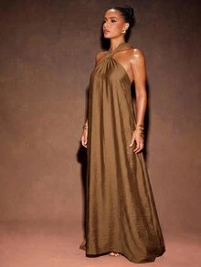Hauture Fashionable Sexy Solid Color Backless Halter Dress - Brown - View 5