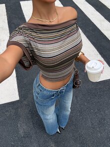 Muchica Women's Brown Striped Colorblock Asymmetric Shoulder Casual Street Wear Y2k Versatile Daily Wear Top Going Out Summer - Multicolor - View 3